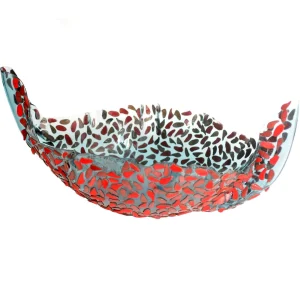 Flora Fruit Bowl - Clear Aqua Blue, Red Leather