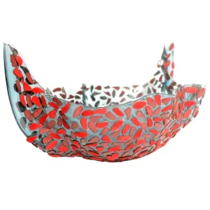 Flora Fruit Bowl - Clear Aqua Blue, Red Leather