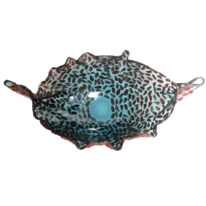 Flora Fruit Bowl - Clear Aqua Blue, Red Leather